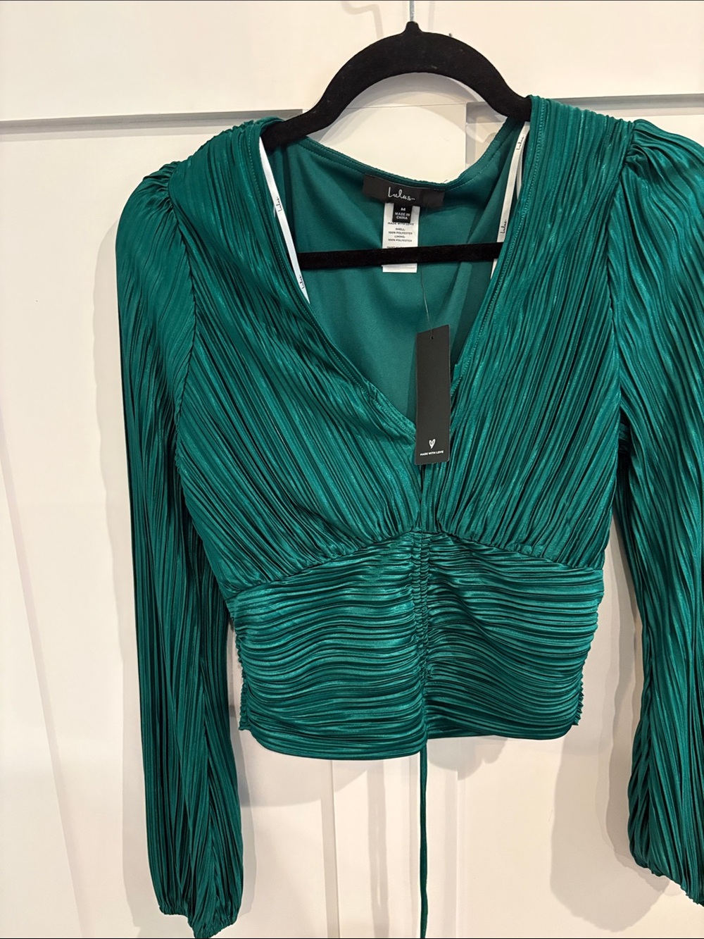 Lulu's Teal Pleated V-Neck Long Sleeve Crop Top
